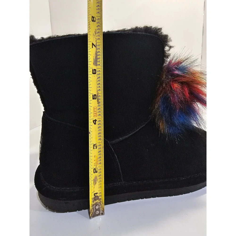 Bearpaw Libby Black Suede Multi-Color Faux Fur Pom Pom Boots 2283W Womens 9